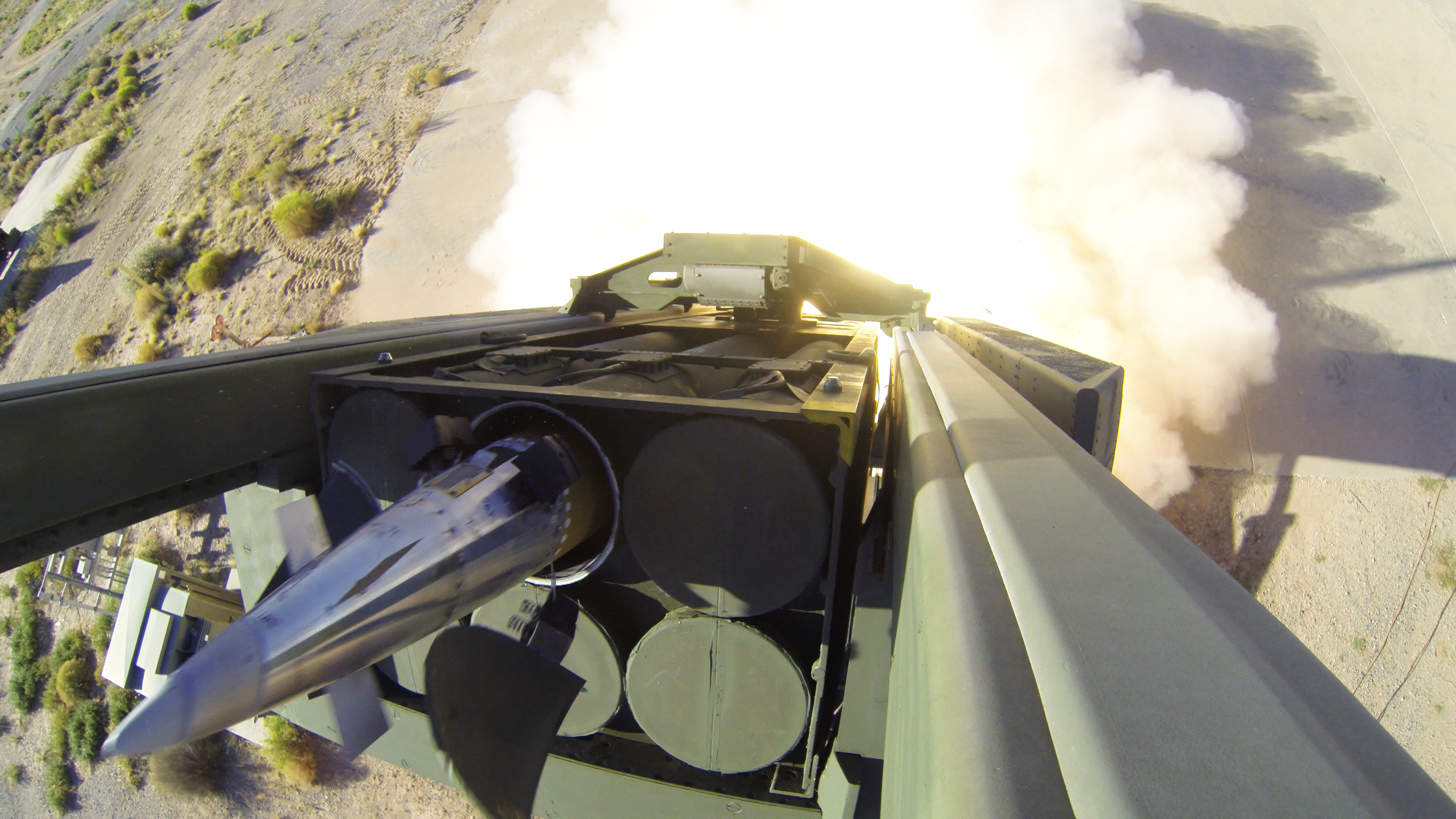Lockheed Martin-built HIMARS launcher fires a GMLRS rocket during a test at White Sands Missile Range, New Mexico.