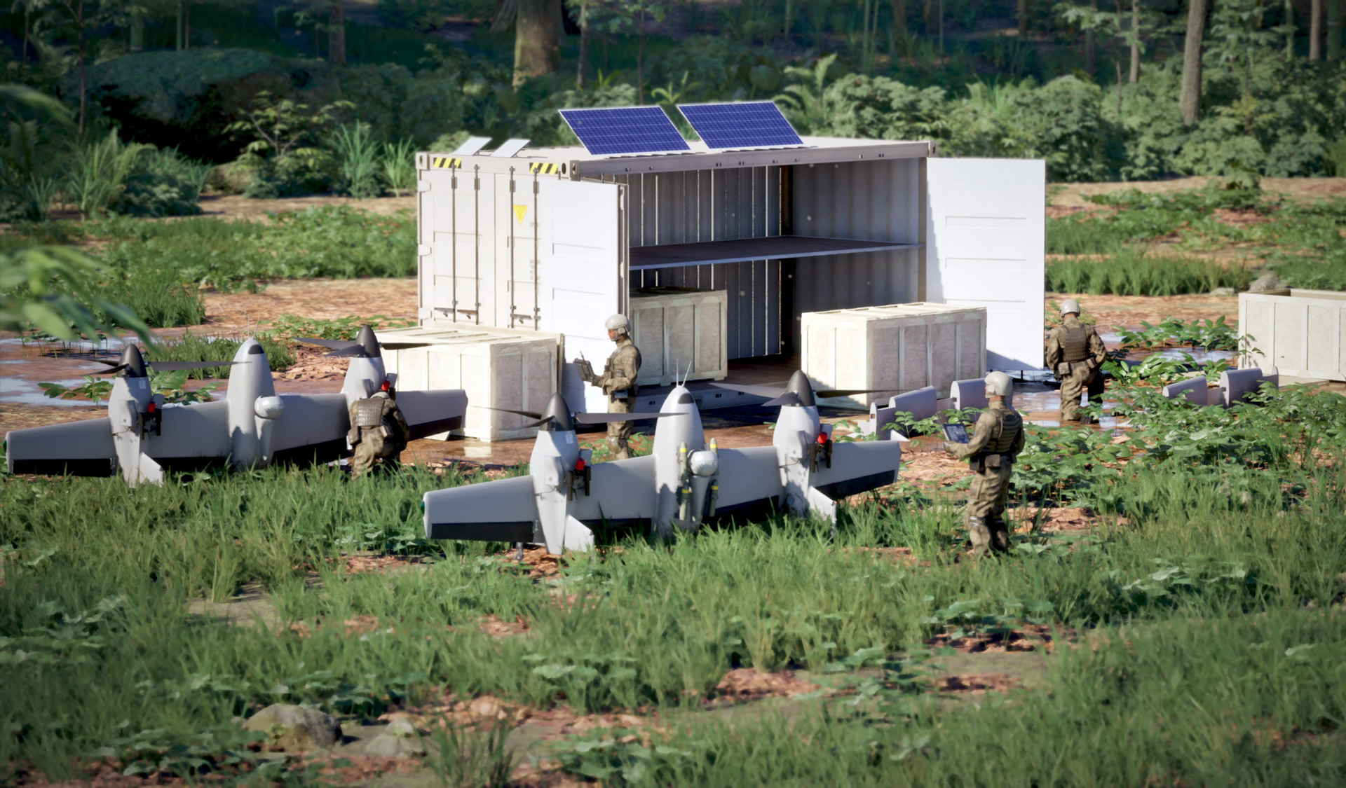 Four ready-to-fly autonomous Nomad 100 aircraft in a single 20-foot container enabling rapid deployment and sustainment. Rendering courtesy of Sikorsky, a Lockheed Martin company.
