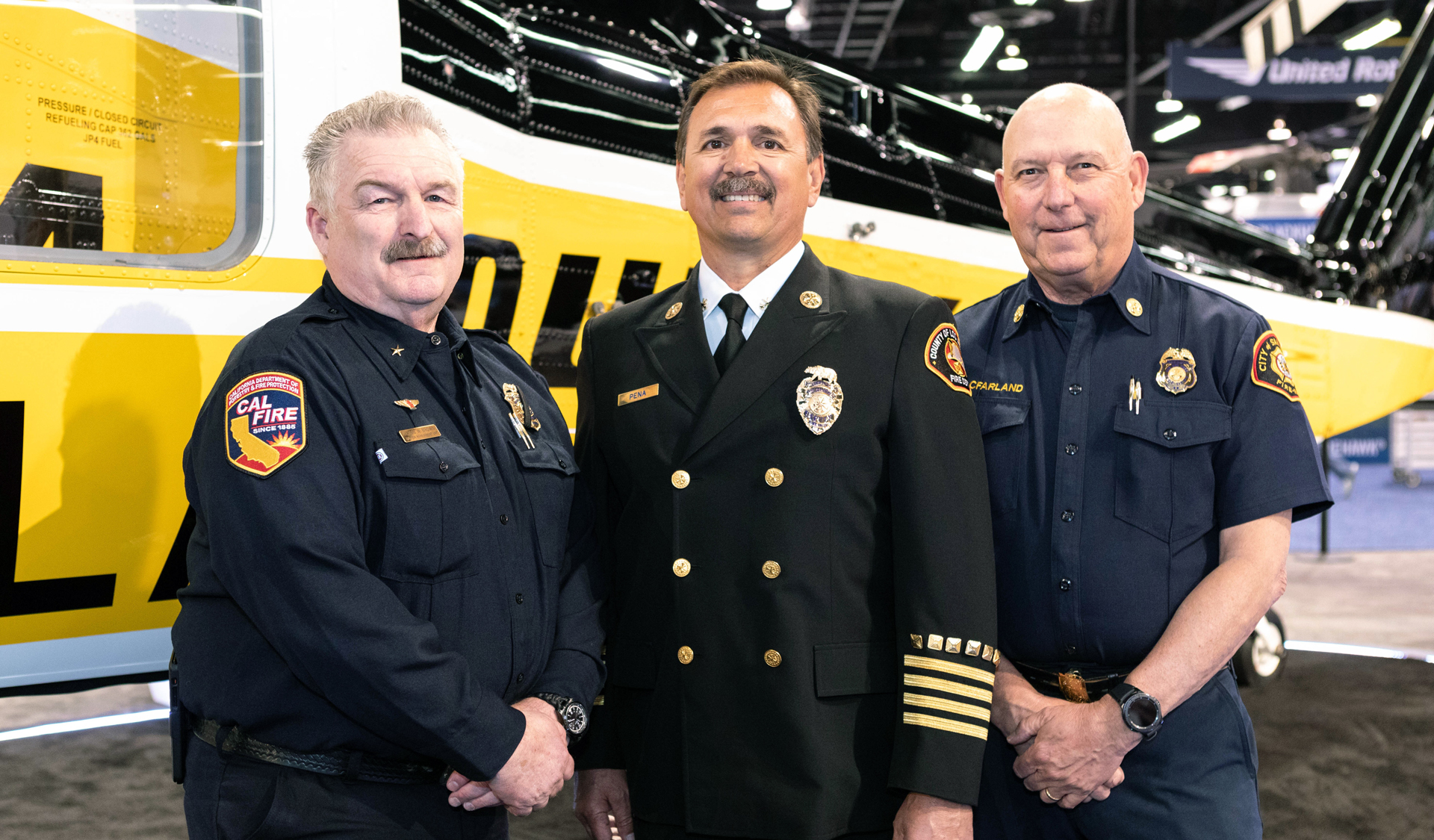 Firehawk Fire Chiefs: Chief Dennis Brown of CAL FIRE, Deputy Chief Vince Pena of Los Angeles County and Chief Chuck Macfarland of San Diego Fire-Rescue spoke and were recognized for their choosing the Sikorsky S-70i™ FIREHAWK® helicopter.