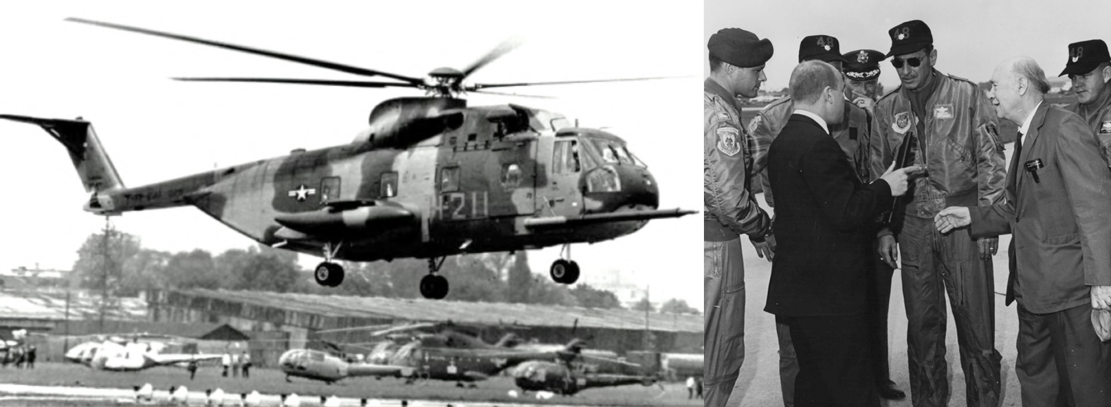 In 1967, two HH-3E helicopters made the first non-stop helicopter flight across the Atlantic Ocean from New York to the 27th Paris Air Show. Igor Sikorsky (right) and his son, Sergei, welcomed the U.S. Air Force crew. Images courtesy Sikorsky Archives.